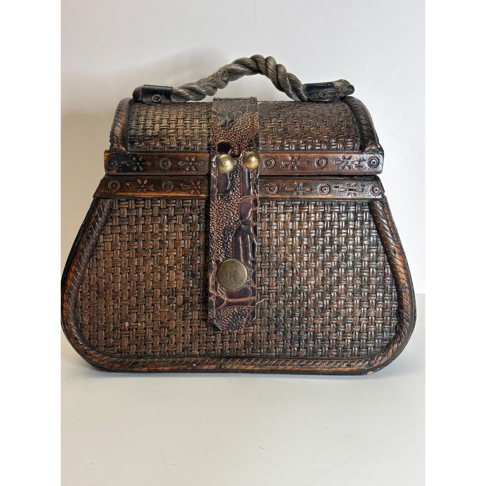 Vintage Wood Wicker Boho Treasure Chest Handbag Rope Handle Snap Clasp
